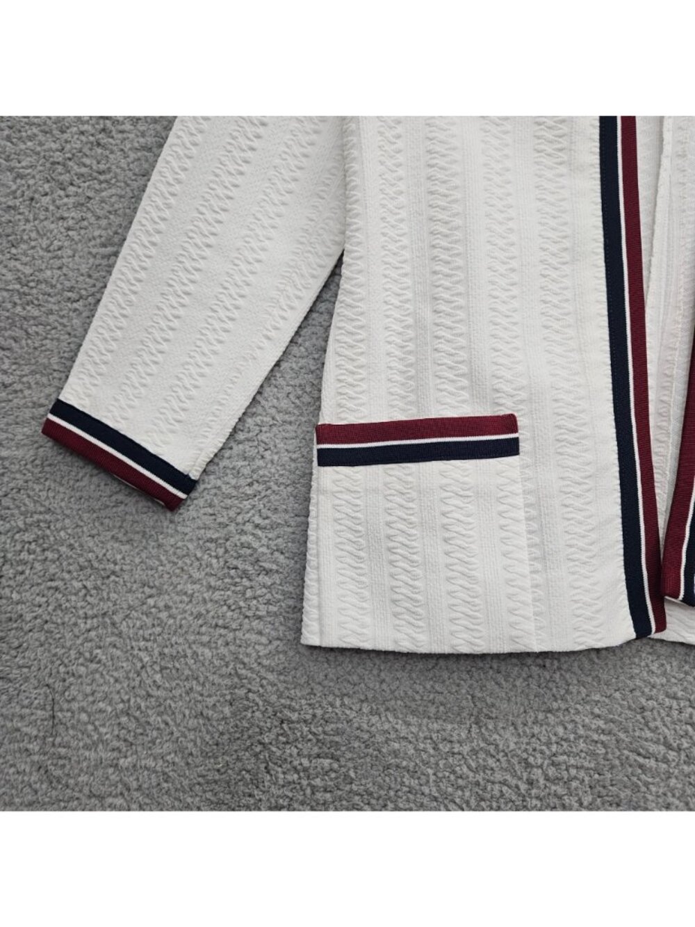 Butte Knit Womens White Textured Open Front Blazer Burgundy Navy Trim Size M - Picture 4 of 9